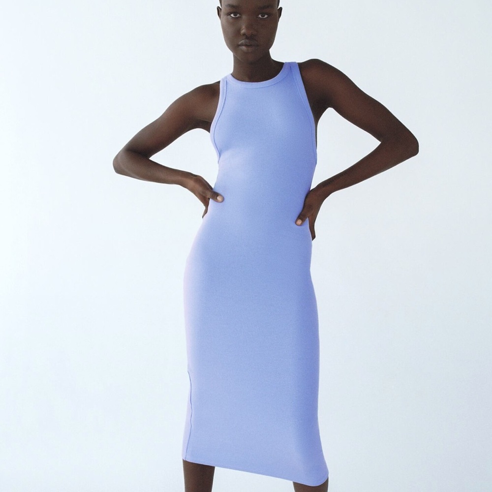 Zara Blue Ribbed RacerBack Midi Bodycon Dress